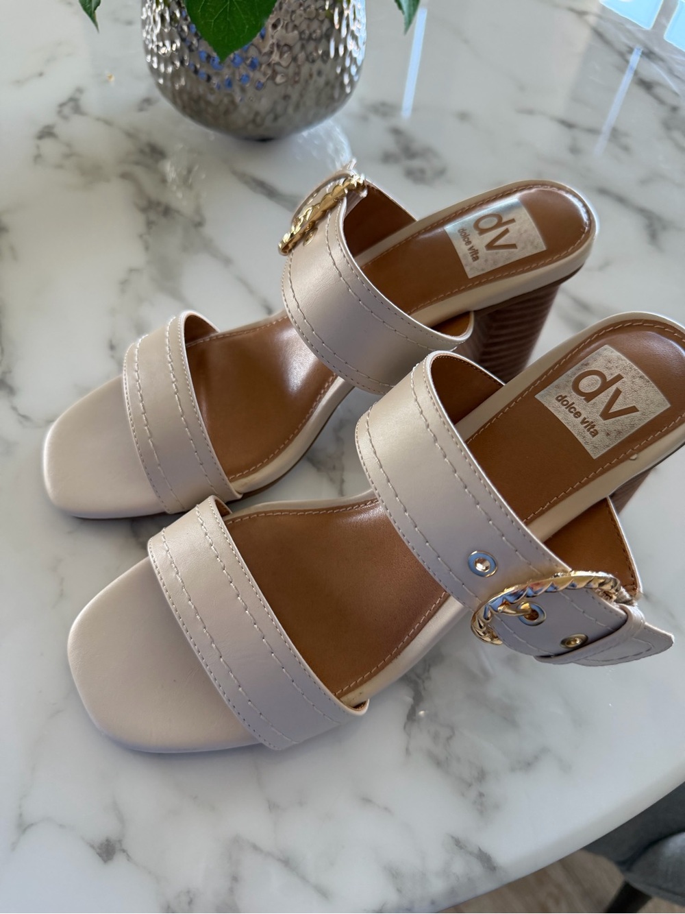 DV by Dolce Vita Beige Two-Strap Block Heel Sandals- Derbie